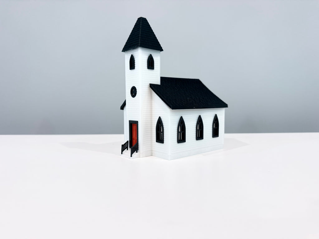 Opposite angled view of the Church miniature showing its arched side windows.