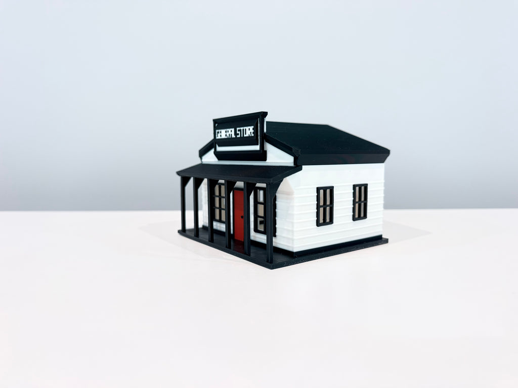 Opposite angled view of the General Store miniature showing the storefront and side windows.