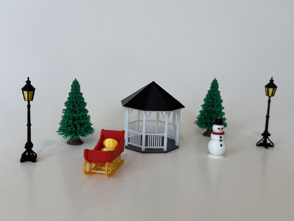 Primrose 4D Village Square set with Gazebo, Trees, Light Posts, Snowman, and Sleigh